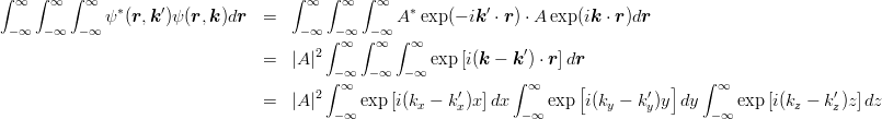 \begin{eqnarray*}
\int_{-\infty}^\infty\int_{-\infty}^\infty\int_{-\infty}^\infty \psi^*(\mbox{\boldmath $r$},\mbox{\boldmath $k$}')\psi(\mbox{\boldmath $r$},\mbox{\boldmath $k$}) d\mbox{\boldmath $r$}
&=&\int_{-\infty}^\infty\int_{-\infty}^\infty\int_{-\infty}^\infty A^*\exp(-i\mbox{\boldmath $k$}'\cdot\mbox{\boldmath $r$})\cdot A\exp(i\mbox{\boldmath $k$}\cdot\mbox{\boldmath $r$}) d\mbox{\boldmath $r$} \\
&=&|A|^2\int_{-\infty}^\infty\int_{-\infty}^\infty\int_{-\infty}^\infty \exp\left[i(\mbox{\boldmath $k$}-\mbox{\boldmath $k$}')\cdot\mbox{\boldmath $r$}\right] d\mbox{\boldmath $r$}\\
&=&|A|^2\int_{-\infty}^\infty \exp\left[i(k_x-k_x')x\right] dx
\int_{-\infty}^\infty \exp\left[i(k_y-k_y')y\right] dy
\int_{-\infty}^\infty \exp\left[i(k_z-k_z')z\right] dz
\end{eqnarray*}