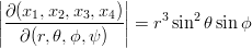 \newcommand{\dfrac}{\displaystyle\frac}
\begin{eqnarray*}
\left|\frac{\partial(x_1,x_2,x_3,x_4)}{\partial(r,\theta,\phi,\psi)}\right|=r^3\sin^2\theta\sin\phi
\end{eqnarray*}