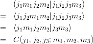 \begin{eqnarray*}
&&(j_1m_1j_2m_2|j_1j_2j_3m_3)\\
&=&\langle j_1j_2m_1m_2|j_1j_2j_3m_3\rangle\\
&=&\langle j_1m_1j_2m_2|j_3m_3\rangle\\
&=&C(j_1, j_2, j_3; m_1, m_2, m_3)\\
\end{eqnarray*}