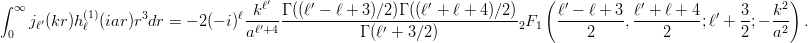 $$ \int_{0}^{\infty} j_{\ell'}(kr)h_\ell^{(1)}(iar)r^3dr = -2(-i)^\ell \frac{k^{\ell'}}{a^{\ell'+4}} \frac{\Gamma ((\ell' - \ell +3)/2) \Gamma ((\ell' + \ell +4)/2)}{\Gamma (\ell'+3/2)}  {}_2F_1\left(\frac{\ell' - \ell +3}{2},\frac{\ell' + \ell +4}{2}; \ell'+\frac{3}{2}; -\frac{k^2}{a^2} \right).$$