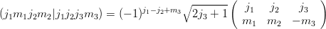 \begin{eqnarray*}
(j_1m_1j_2m_2|j_1j_2j_3m_3) = (-1)^{j_1-j_2+m_3}\sqrt{2j_3+1}
\left(
\begin{array}{ccc}
j_1 & j_2 & j_3 \\
m_1 & m_2 & -m_3
\end{array}
\right)
\end{eqnarray*}