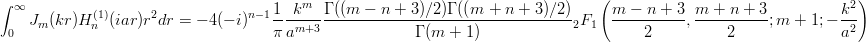 $$ \int_{0}^{\infty}  J_m(kr)H^{(1)}_n(iar) r^2dr = - 4(-i)^{n-1} \frac{1}{\pi} \frac{k^m }{a^{m+3}} \frac{\Gamma ((m-n+3)/2) \Gamma ((m+n+3)/2)}{\Gamma (m+1)}  {}_2F_1\left(\frac{m-n+3}{2},\frac{m+n+3}{2}; m+1; -\frac{k^2}{a^2} \right)$$