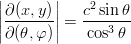 \begin{eqnarray*}
\left|\frac{\partial(x,y)}{\partial(\theta,\varphi)}\right| = \frac{c^2\sin\theta}{\cos^3\theta}
\end{eqnarray*}